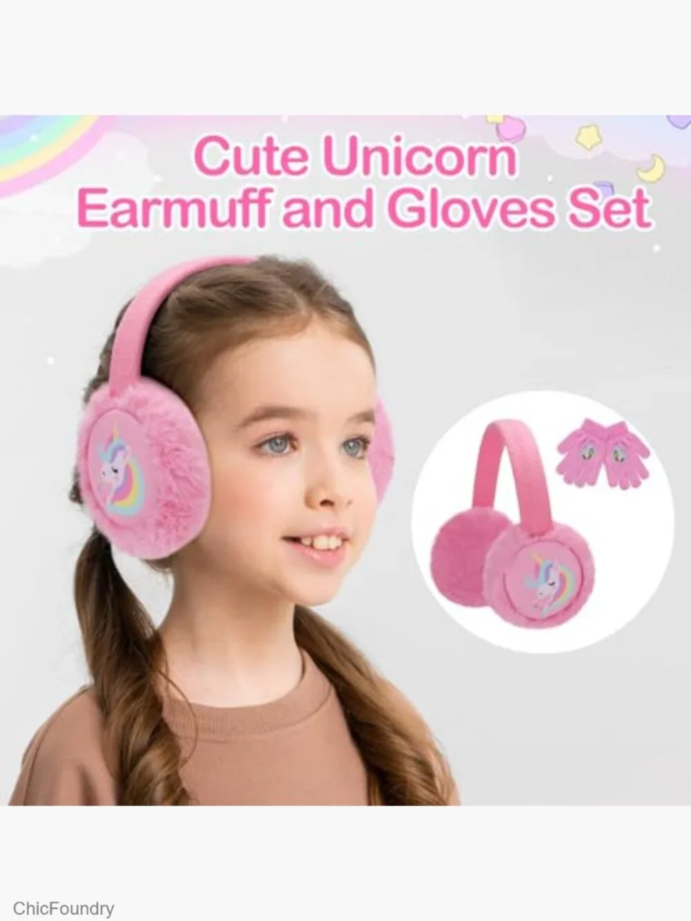 Kids Knit Unicorn Earmuffs and Gloves Set Plush Winter Ear Warmers Mittens